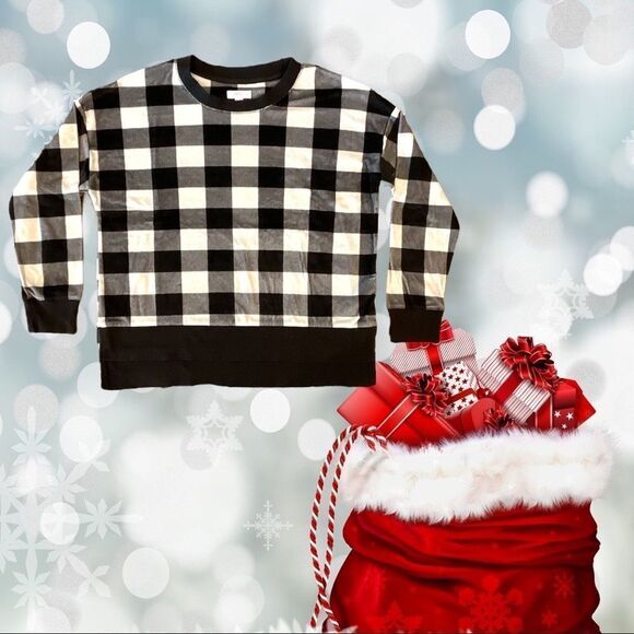 𝅺Plush Velour Black & White Buffalo Check Top Size M (8-10) - Picture 3 of 3